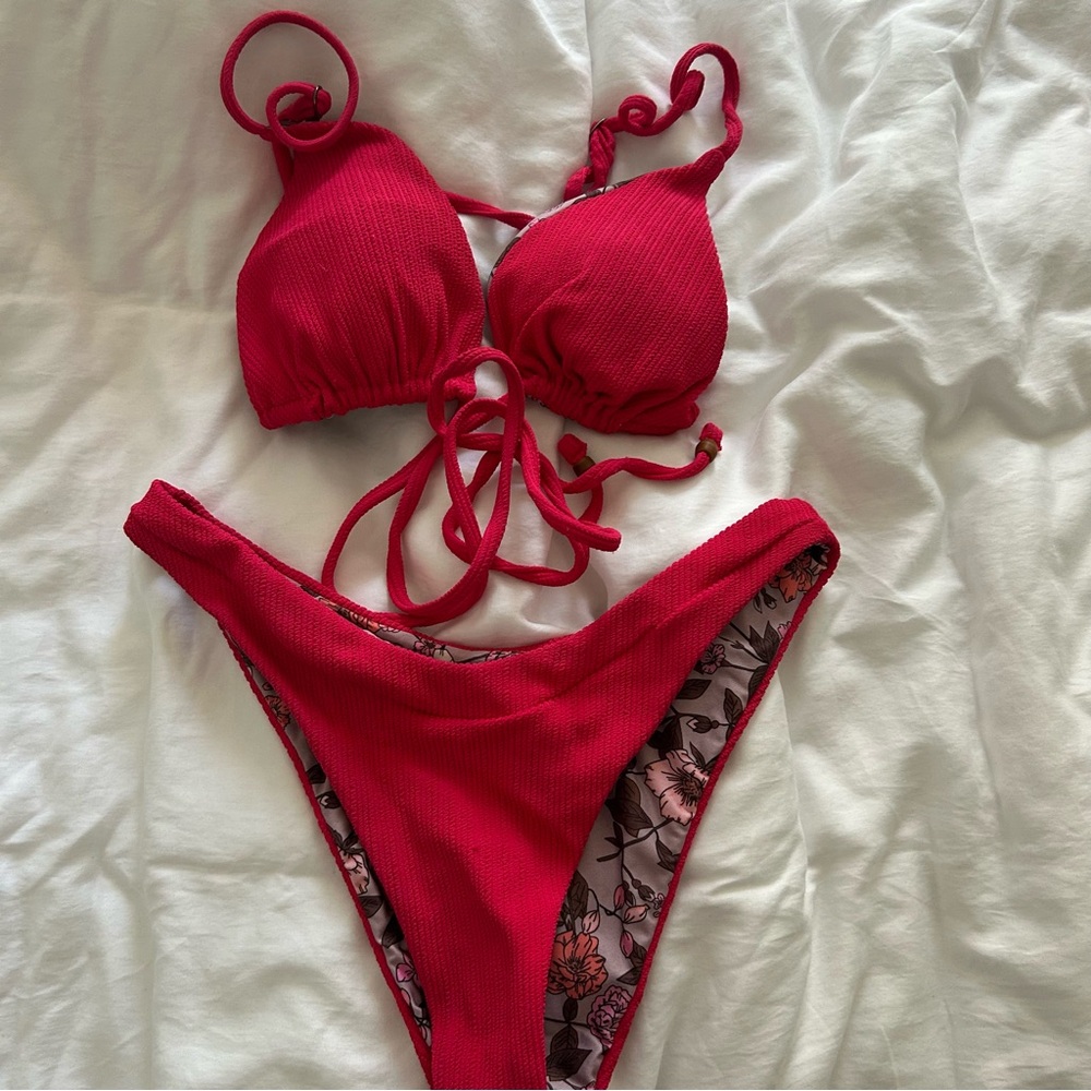 Maaji Cherry Connie Reversible Sliding Triangle Bikini Top & Bianca Bottoms